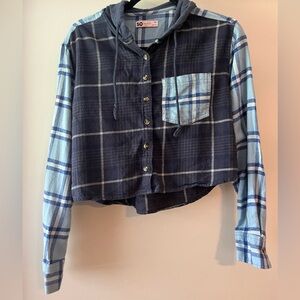 SO Navy and Light Blue Plaid Button Down Shirt With Hood